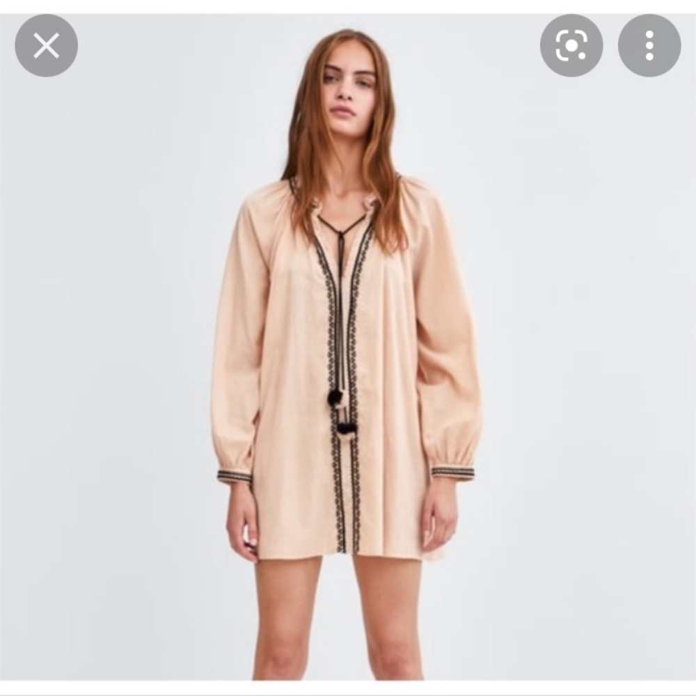 Zara trf Collection Embroidered Long Sleeve Tunic with Pom-Pom Tie